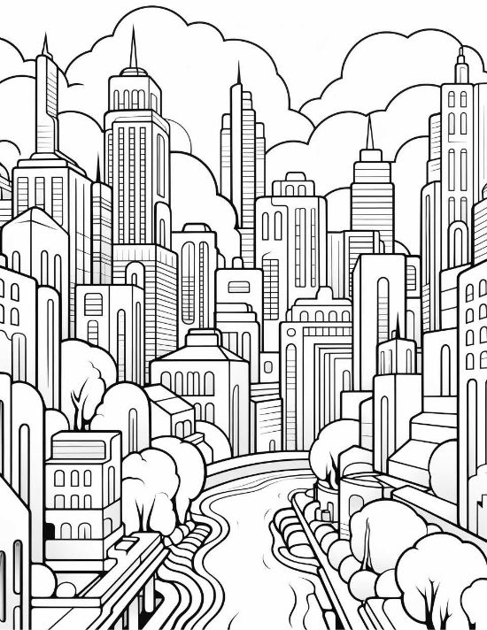 Art deco skyscrapers and a winding river with thick black outlines in a bold and easy coloring page.