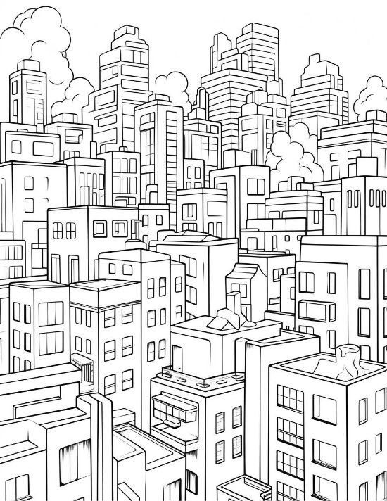 Densely packed urban buildings with geometric windows and fluffy clouds in a detailed cityscape coloring page.