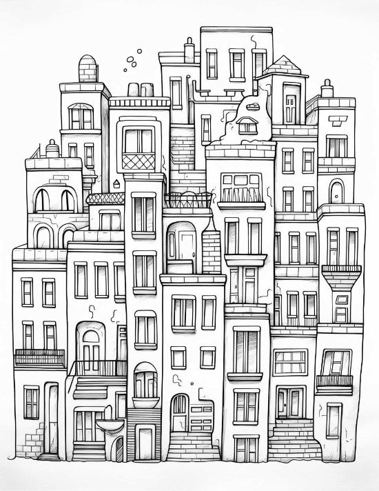 Stacked urban buildings with repeating windows and stone steps form a dense cityscape coloring page.
