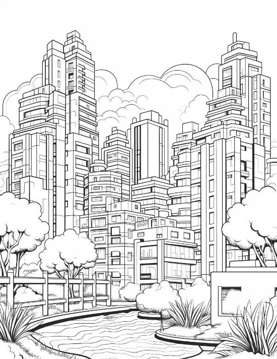 Brutalist skyscrapers rise behind a park pond with trees and clouds in this detailed cityscape coloring page.