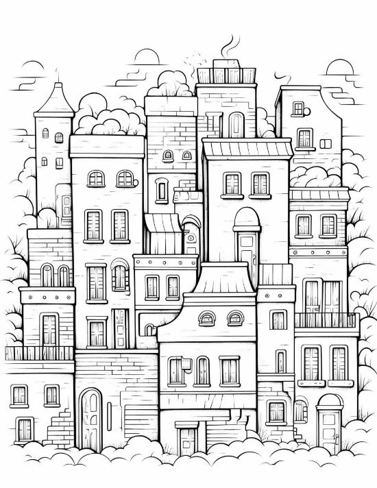 Whimsical townhouses with arched windows and brick textures in a dense urban cityscape coloring page.