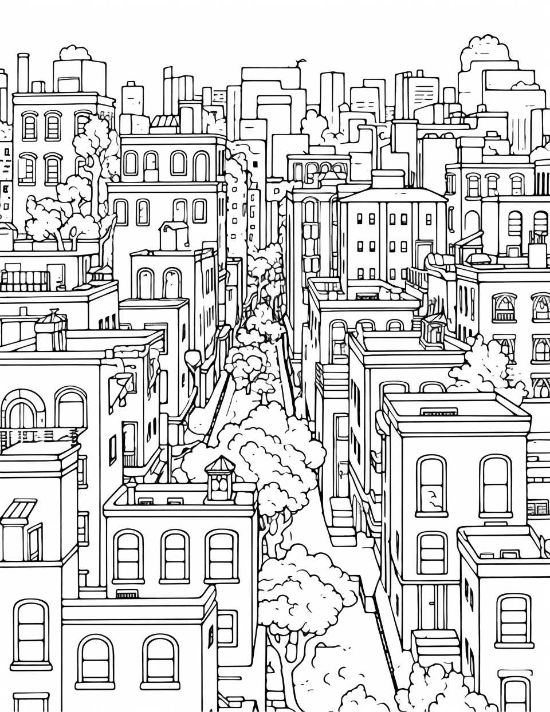Urban neighborhood with brownstone buildings and leafy trees along a narrow street in this cityscape coloring page.