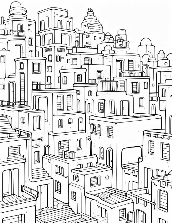 Stacked adobe style buildings with arched doorways and flat roofs in a dense urban cityscape coloring page.