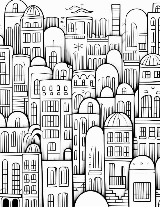 Domed buildings and arched windows create a dense urban pattern in this detailed cityscape coloring page.