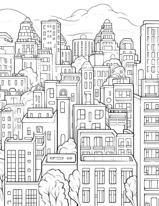 Densely packed urban buildings with repeating windows and soft clouds in a cityscape coloring page.
