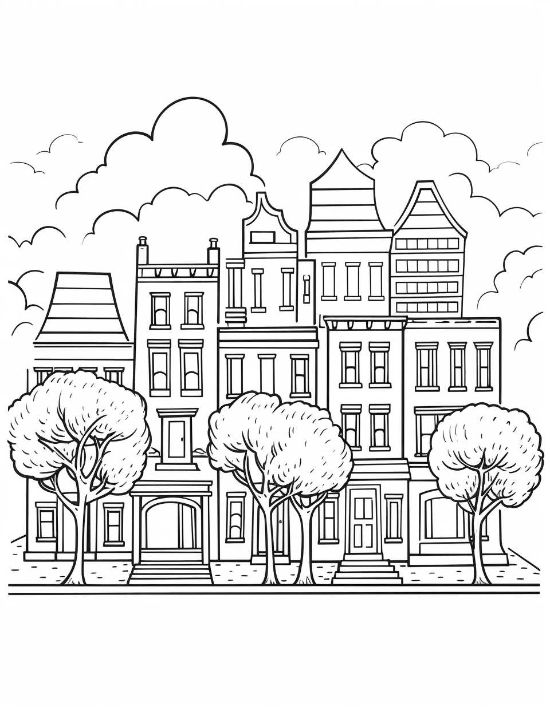 Row of urban townhouses with leafy trees and fluffy clouds in a bold and easy coloring page.