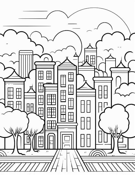 Urban street scene with narrow townhouses and puffy clouds in a bold and easy cityscape coloring page.