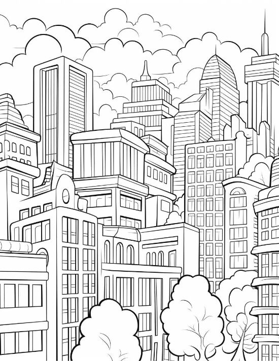Modern office towers and rounded trees under a cloudy sky in a bold and easy coloring page.