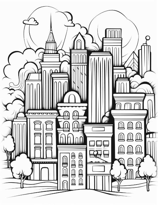 Modern skyscrapers and apartment blocks with thick outlines and puffy clouds in a bold and easy coloring page.