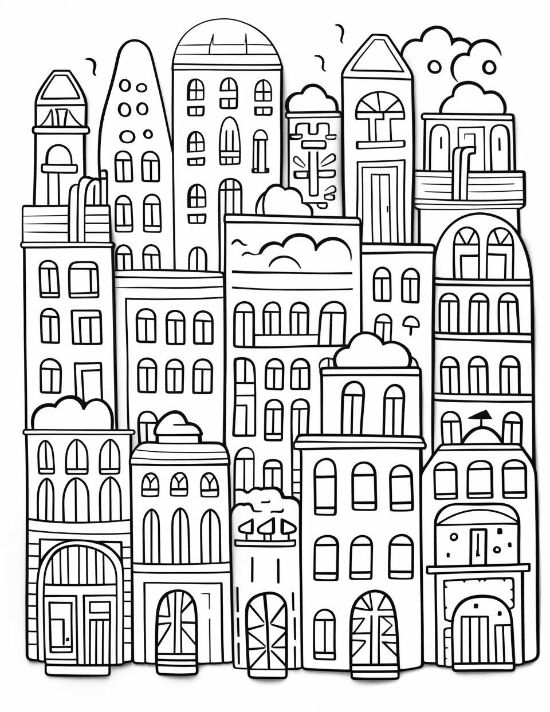 cityscape coloring pages for adults with whimsical tall buildings and arched windows, bold and easy coloring page.