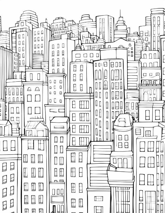 Densely packed urban buildings with repeating windows and varied architectural heights in a detailed cityscape coloring page.