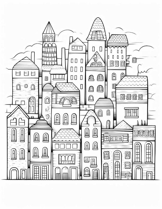 Whimsical townhouses with varied rooflines and repeating windows create a dense urban cityscape coloring page.
