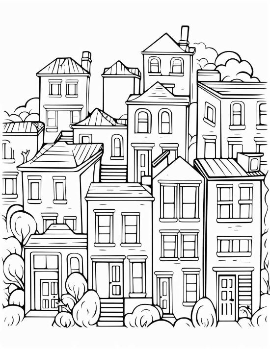Clustered townhouses with arched windows and simple trees create a charming urban neighborhood scene coloring page.