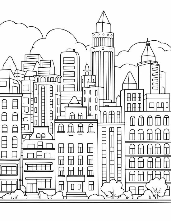 Urban skyline with varied architectural styles and fluffy clouds in a cityscape coloring page.