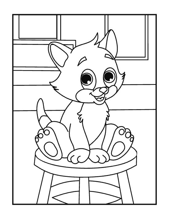 Curious kitten perched on a wooden stool by a bright window on a coloring page