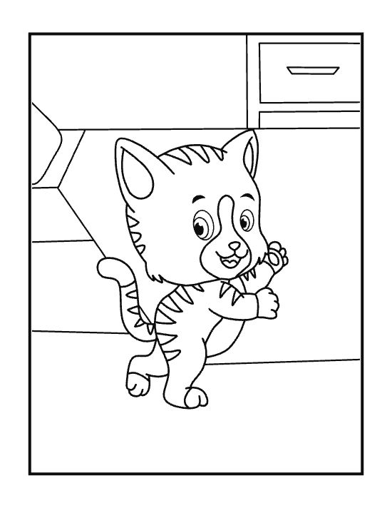 Playful striped kitten reaching up on tiptoe near a kitchen counter on a coloring page