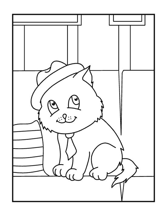 Fluffy kitten wearing a hat and necktie sitting on a bench on a coloring sheet