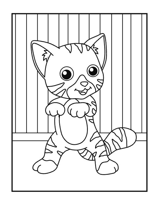 Striped kitten balancing on hind legs with front paws raised drawn bold and easy