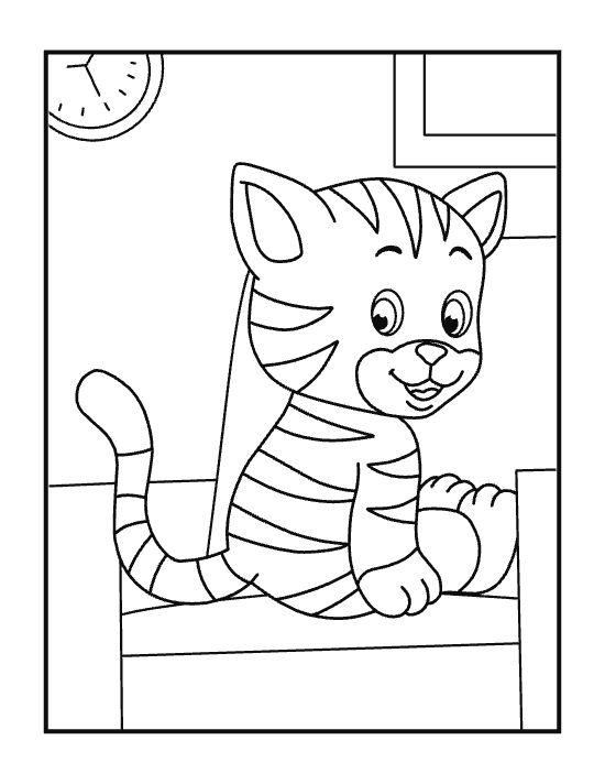Striped tabby kitten resting on a chair beneath a round wall clock on a coloring page