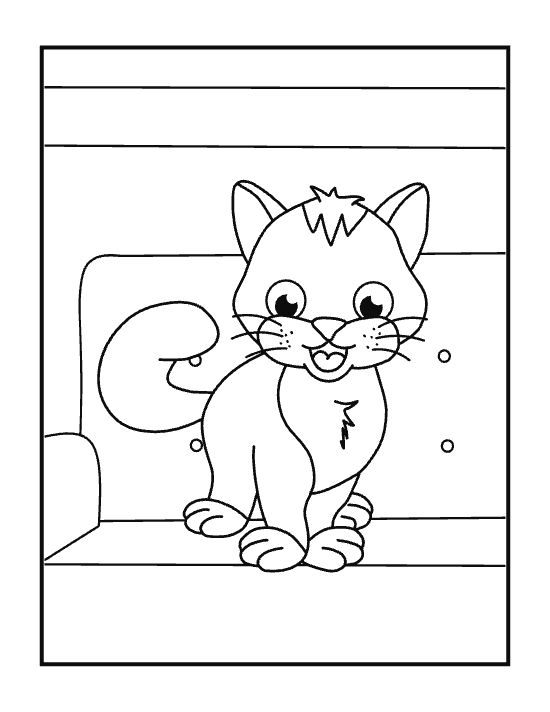 Cheerful fluffy kitten with a tuft of hair sitting on a couch on a coloring sheet