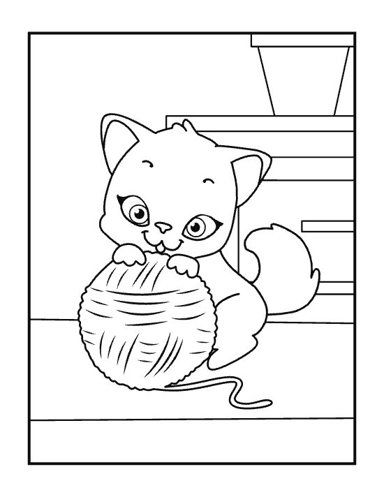 Playful kitten hugging a big ball of yarn with thread trailing on a coloring page