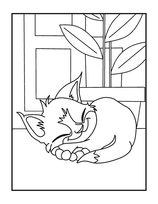 Fluffy kitten napping curled up next to a tall leafy potted plant on a coloring sheet