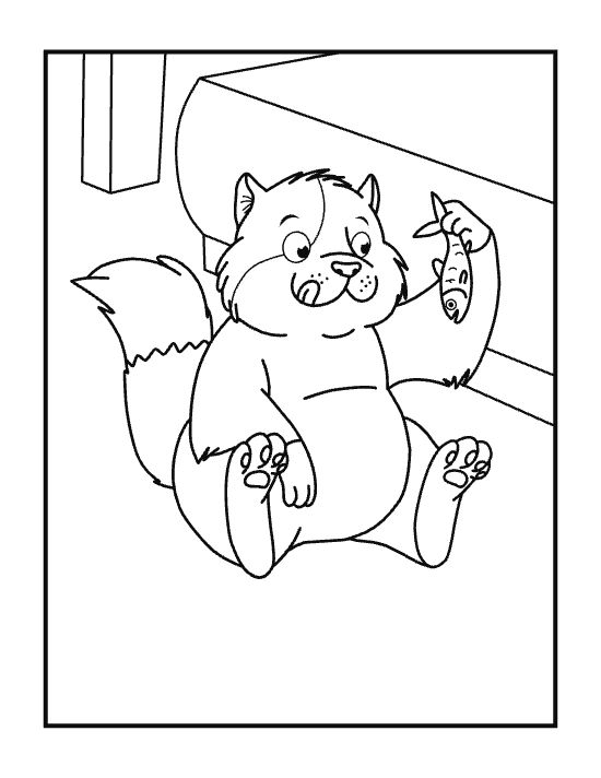 Chubby fluffy cat sitting and holding a small fish near the steps on a coloring page