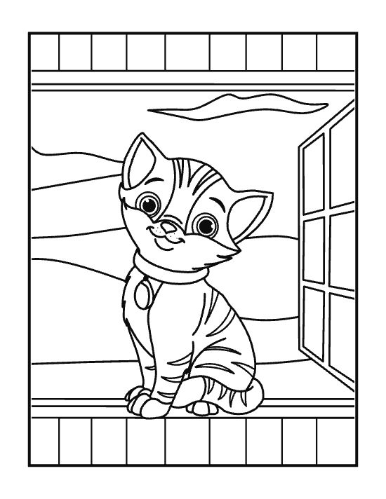 Tabby kitten with a collar tag resting on a bright windowsill on a coloring sheet