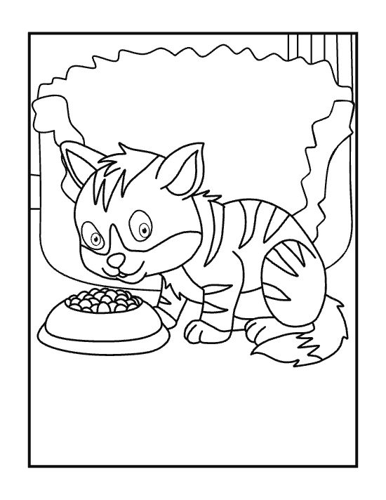 Hungry striped kitten eating from a full food bowl on the floor on a coloring sheet
