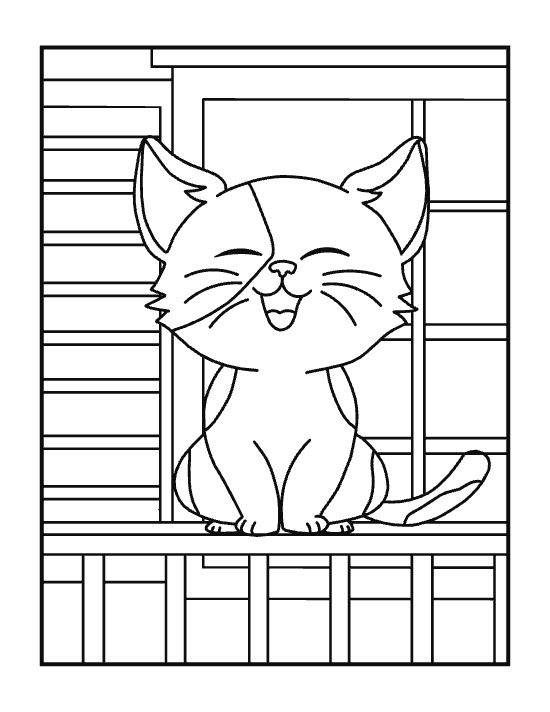 Joyful fluffy kitten grinning with eyes closed on a railing drawn bold and easy