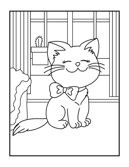 Smiling kitten wearing a bow tie beside a little potted cactus on a coloring page
