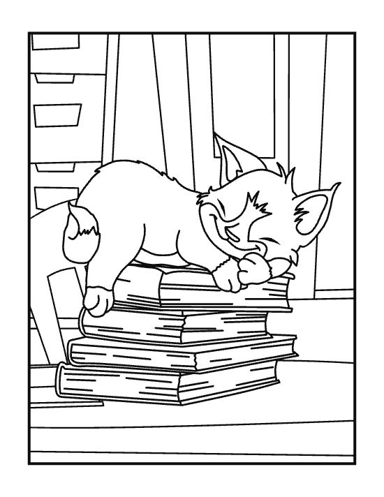 Sleepy kitten dozing on a tall stack of books beside a window on a coloring page