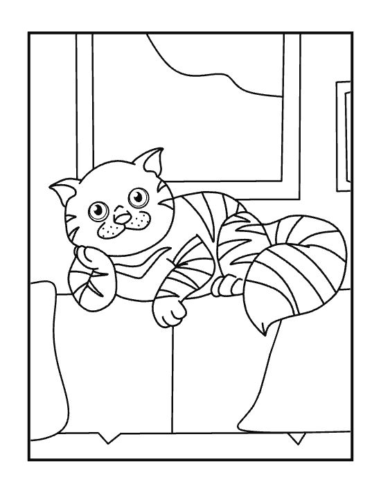 Plump striped cat lounging over the back of a cozy couch on a coloring sheet