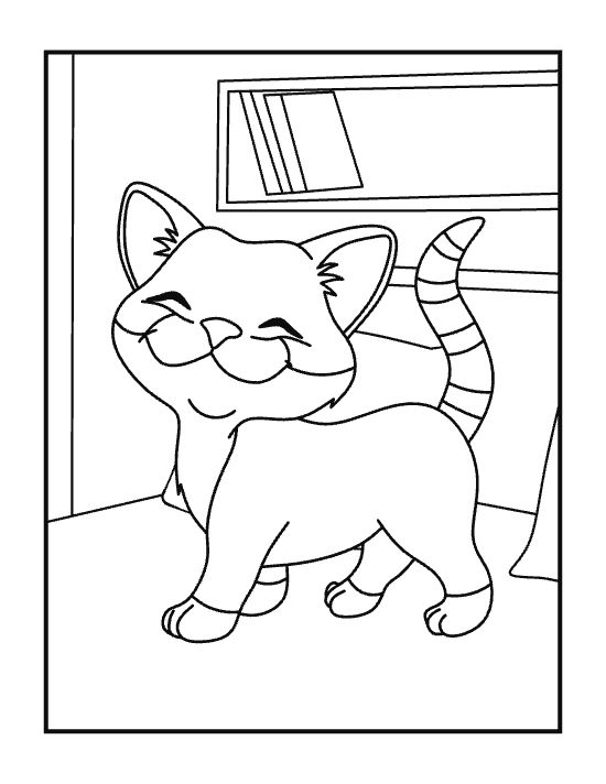Striped kitten walking with a curled tail near a small bookshelf on a coloring sheet