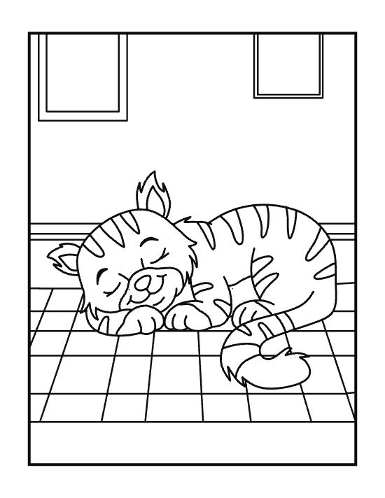 Striped tabby kitten curled asleep on a tiled kitchen floor drawn bold and easy