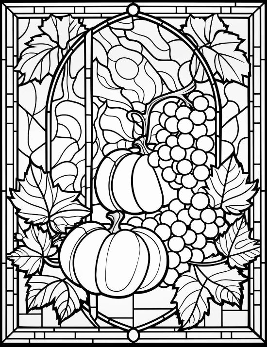 Pumpkins and grapes arranged in a leaded glass window frame with large leaves coloring page.