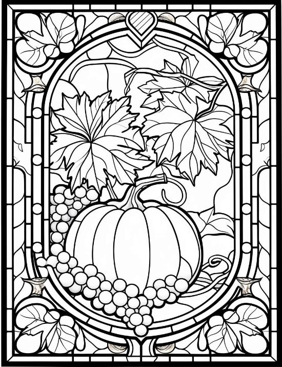 A pumpkin and grapes framed by an arched border with autumn leaves in this bold and easy coloring page.