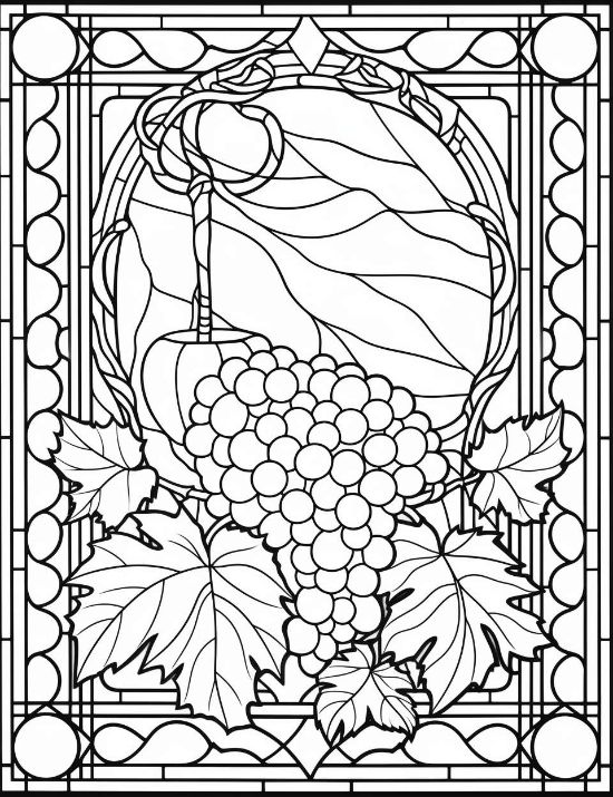 Grapes and vine leaves in an ornate leaded glass frame with geometric borders for this coloring page.