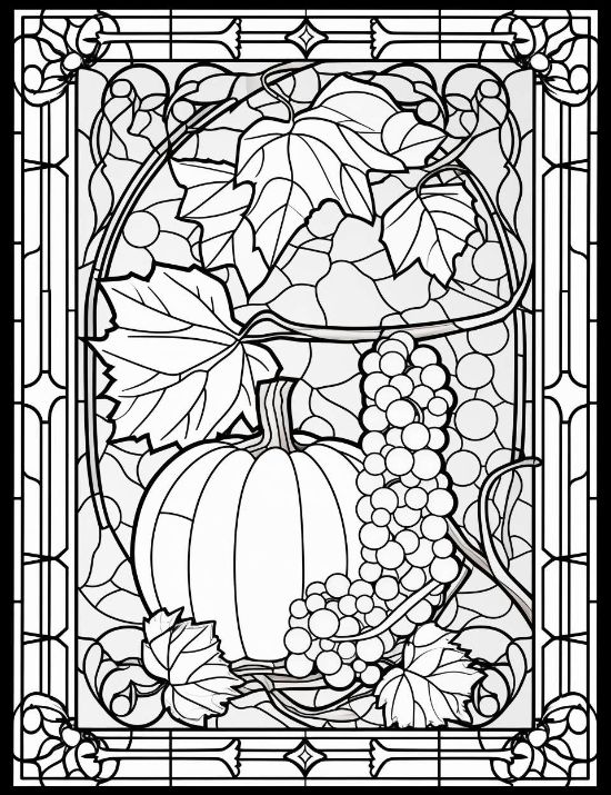 A pumpkin and grape clusters framed by autumn leaves and a geometric border coloring page.