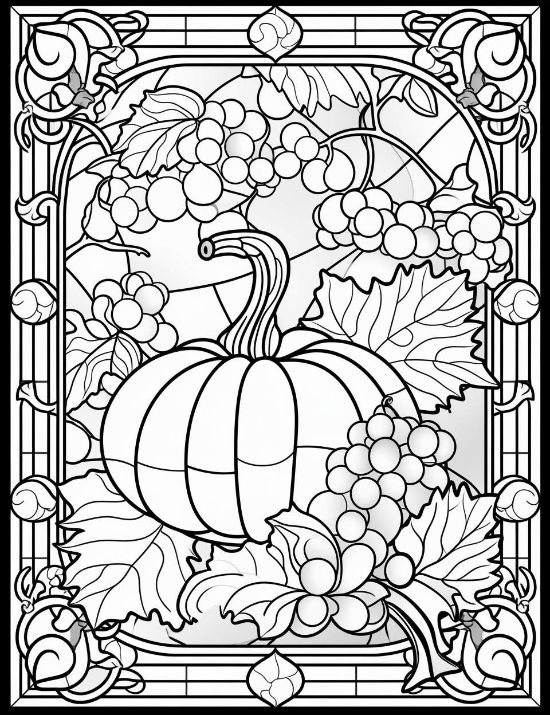 A large pumpkin surrounded by grape clusters and leaves in a detailed harvest theme coloring page.