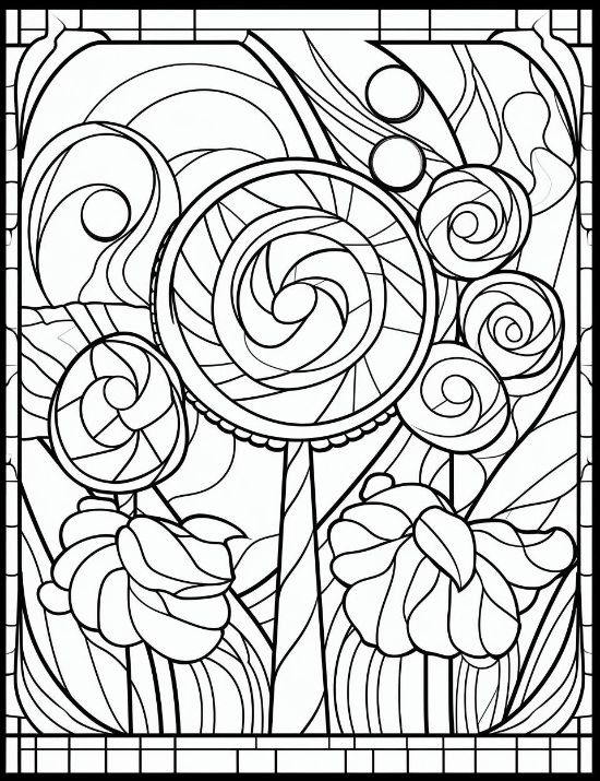 Lollipop garden with swirling candy motifs and floral shapes in a leaded glass style coloring page.