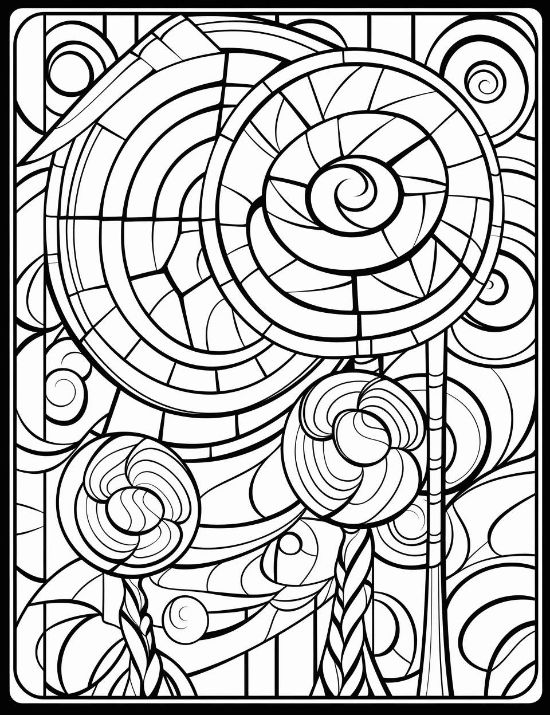 Abstract lollipops and swirling geometric patterns fill a leaded glass window design in this coloring page.