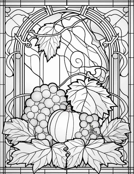 Grapes and a pumpkin framed by an arched window with geometric glass patterns in a coloring page.