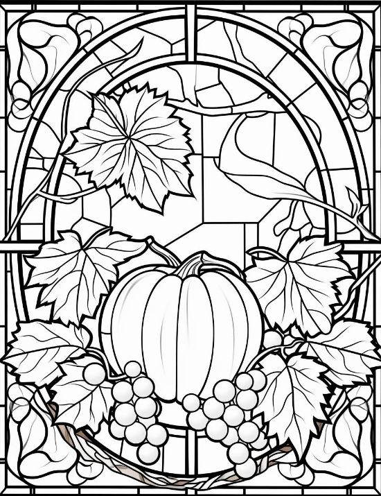 A central pumpkin surrounded by grapes and large leaves in a mosaic style stained glass coloring page.