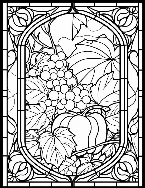 Grapes and pumpkins are framed by an ornate arched window with thick outlines in this coloring page.