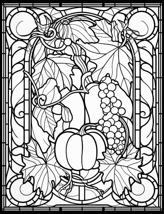 Harvest pumpkins and grapes with large leaves in a leaded glass style autumn coloring page.