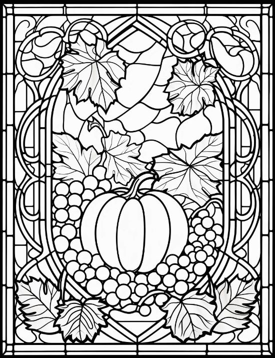 A central pumpkin surrounded by grapes and maple leaves in a harvest themed stained glass coloring page.