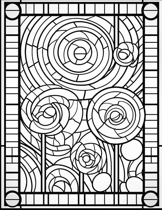 Abstract roses and concentric circles feature thick black outlines in a mosaic style stained glass coloring page.