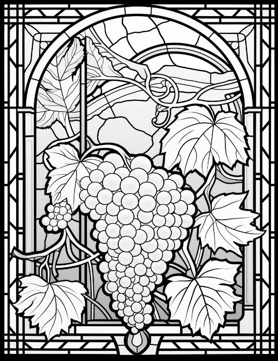 Grapes and broad leaves in an arched window frame with geometric leaded glass borders coloring page
