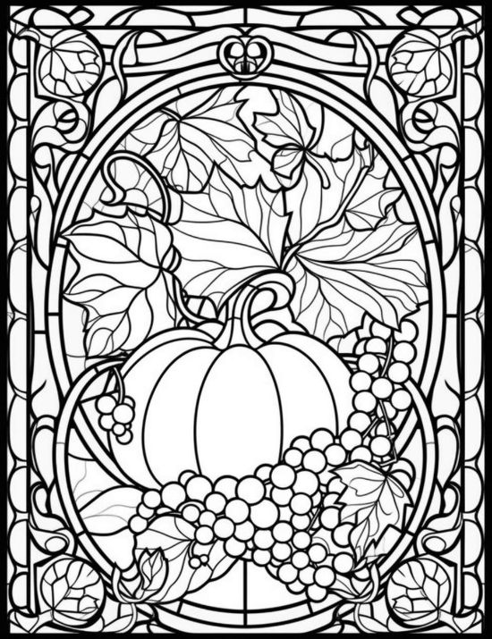 A central pumpkin surrounded by grapes and maple leaves in an Art Nouveau style coloring page.